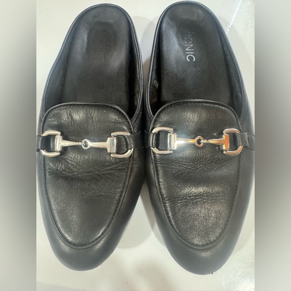 Vionic Black Leather Loafers with Silver Accent - Picture 2 of 4